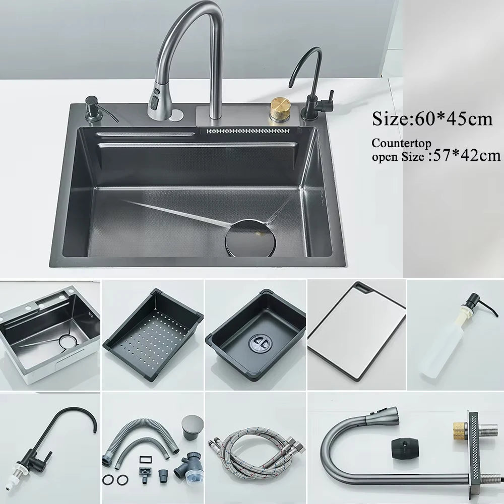 Fregadero de cocina de cascada de acero inoxidable