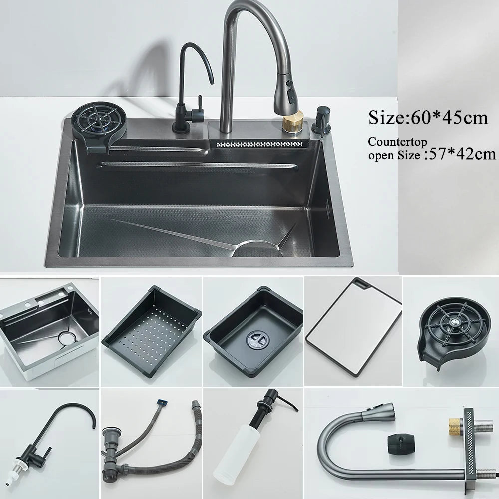 Fregadero de cocina de cascada de acero inoxidable