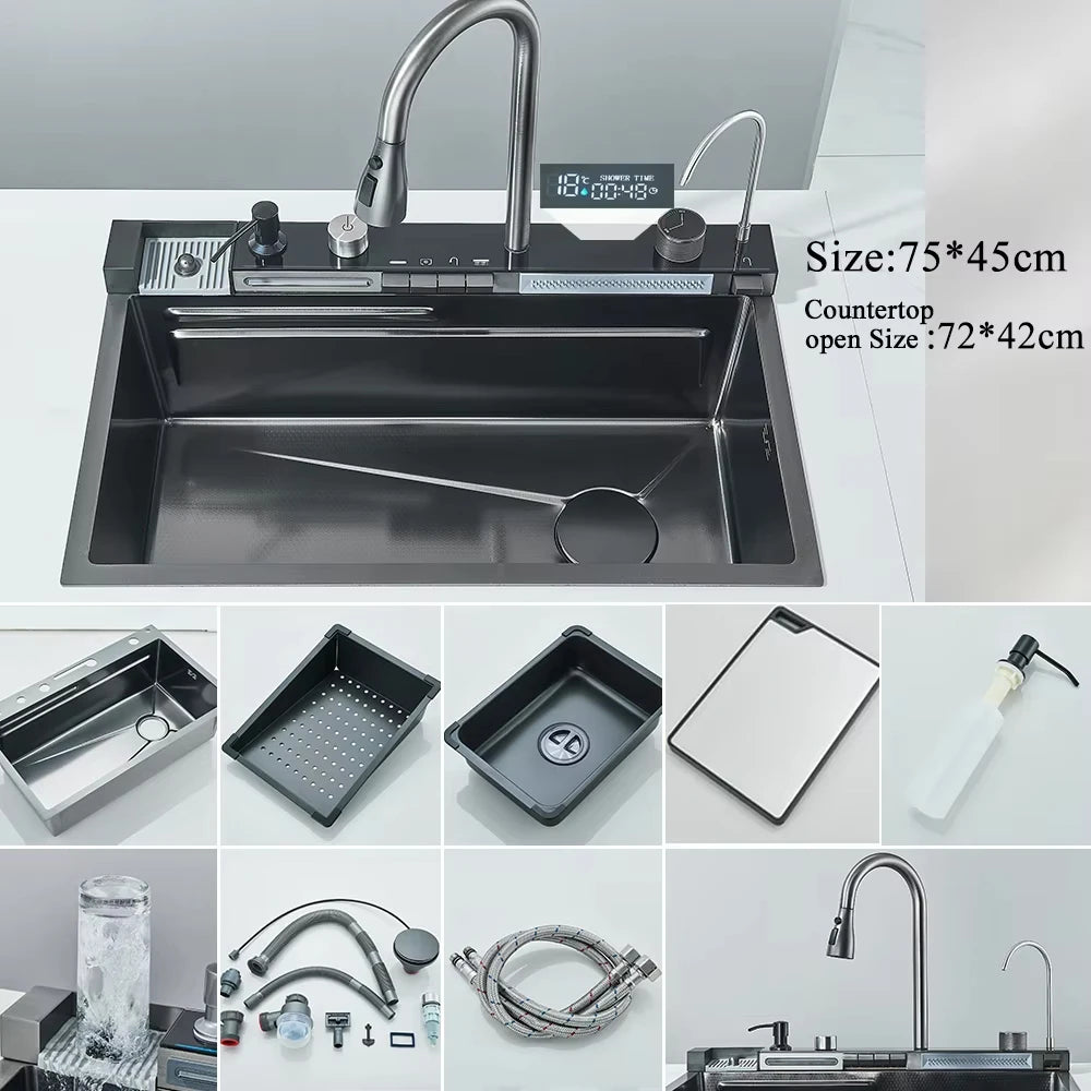 Fregadero de cocina de cascada de acero inoxidable