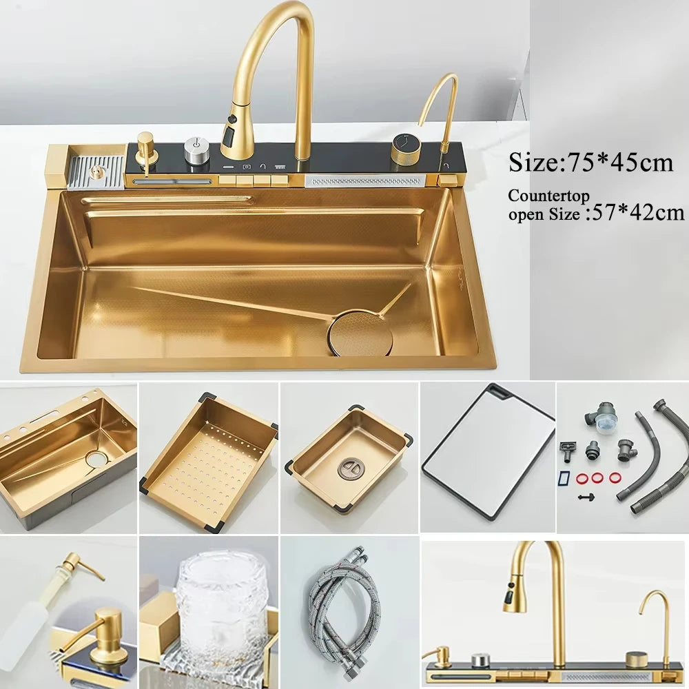 Fregadero de cocina de cascada de acero inoxidable