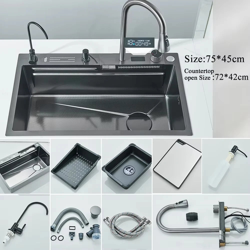 Fregadero de cocina de cascada de acero inoxidable