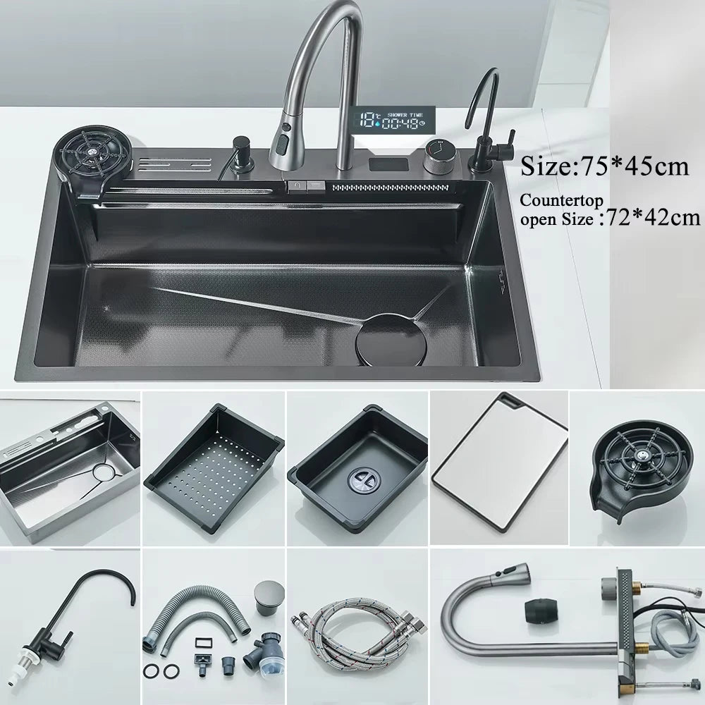 Fregadero de cocina de cascada de acero inoxidable