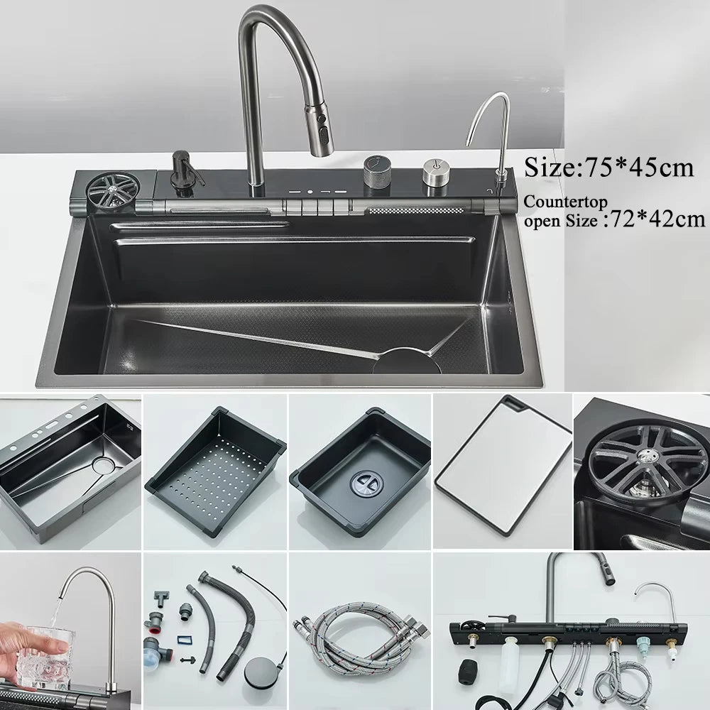 Fregadero de cocina de cascada de acero inoxidable