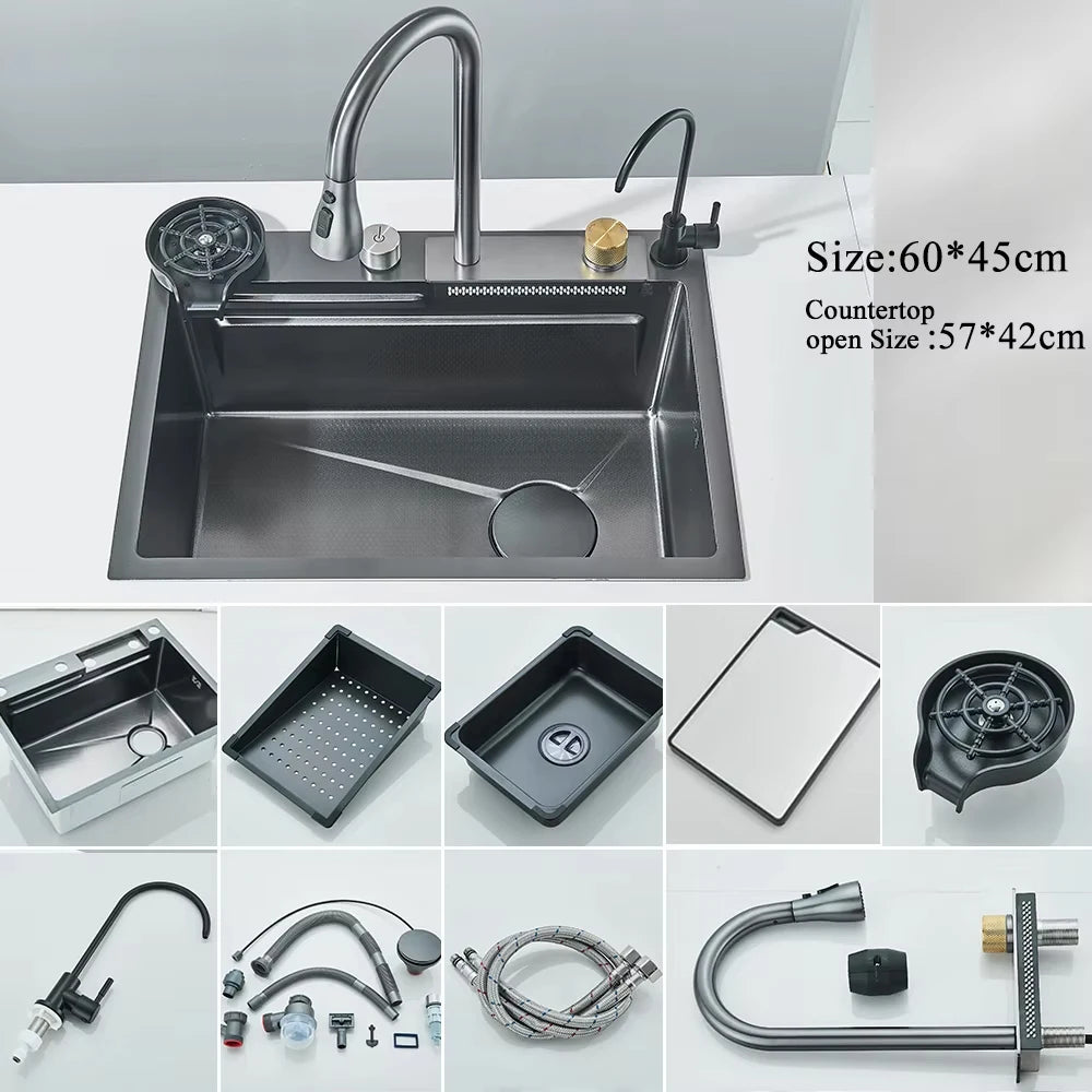 Fregadero de cocina de cascada de acero inoxidable