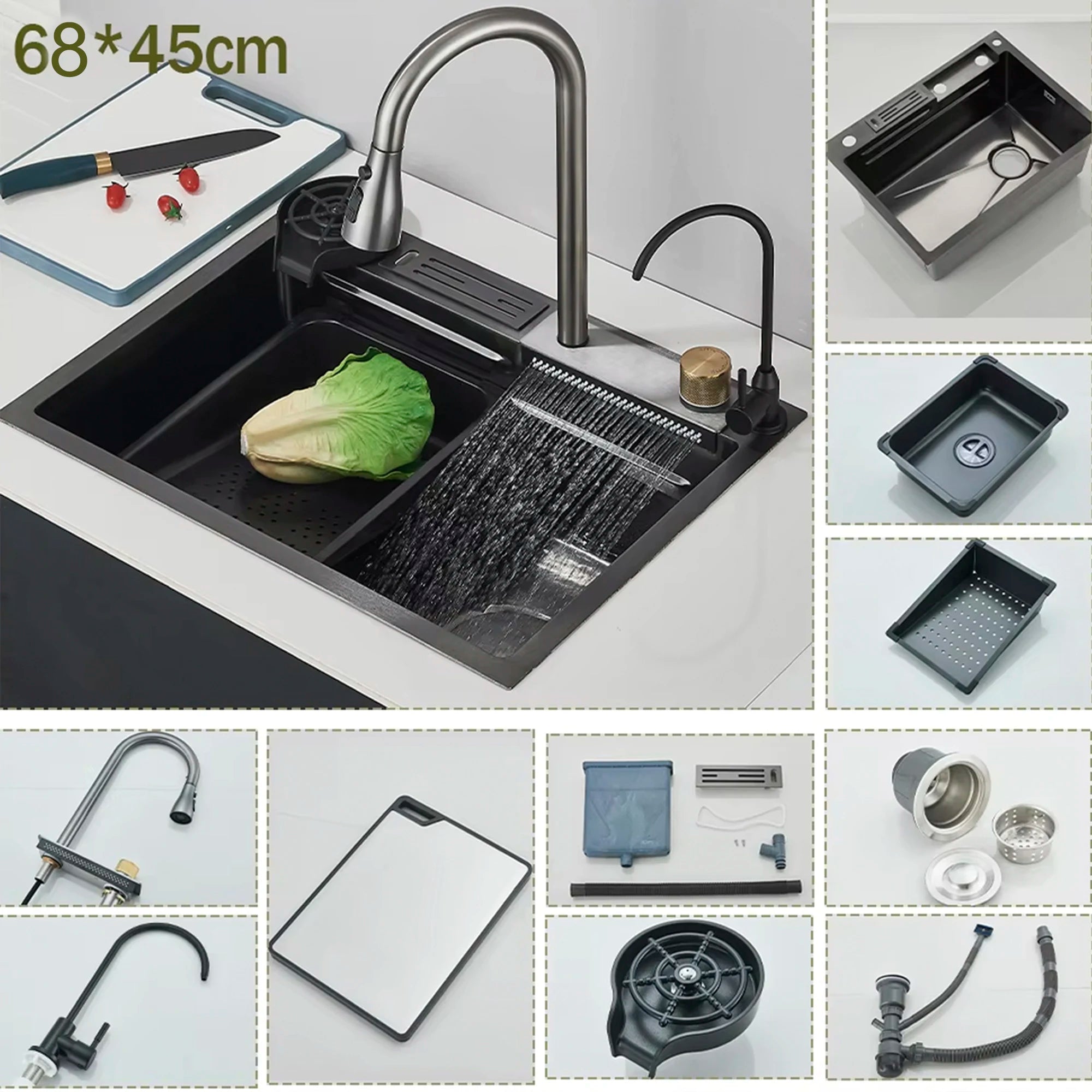 Fregadero de cocina de cascada de acero inoxidable