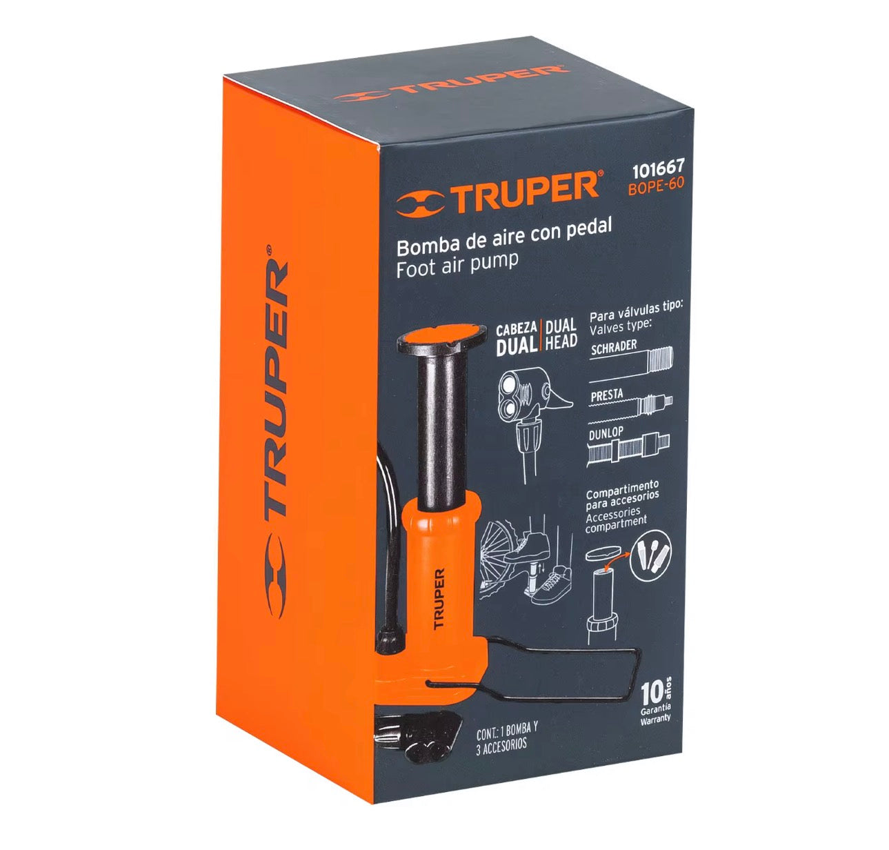 Bomba de Aire con Pedal Truper – Cabeza Dual para Válvula Schrader / Presta / Dunlop