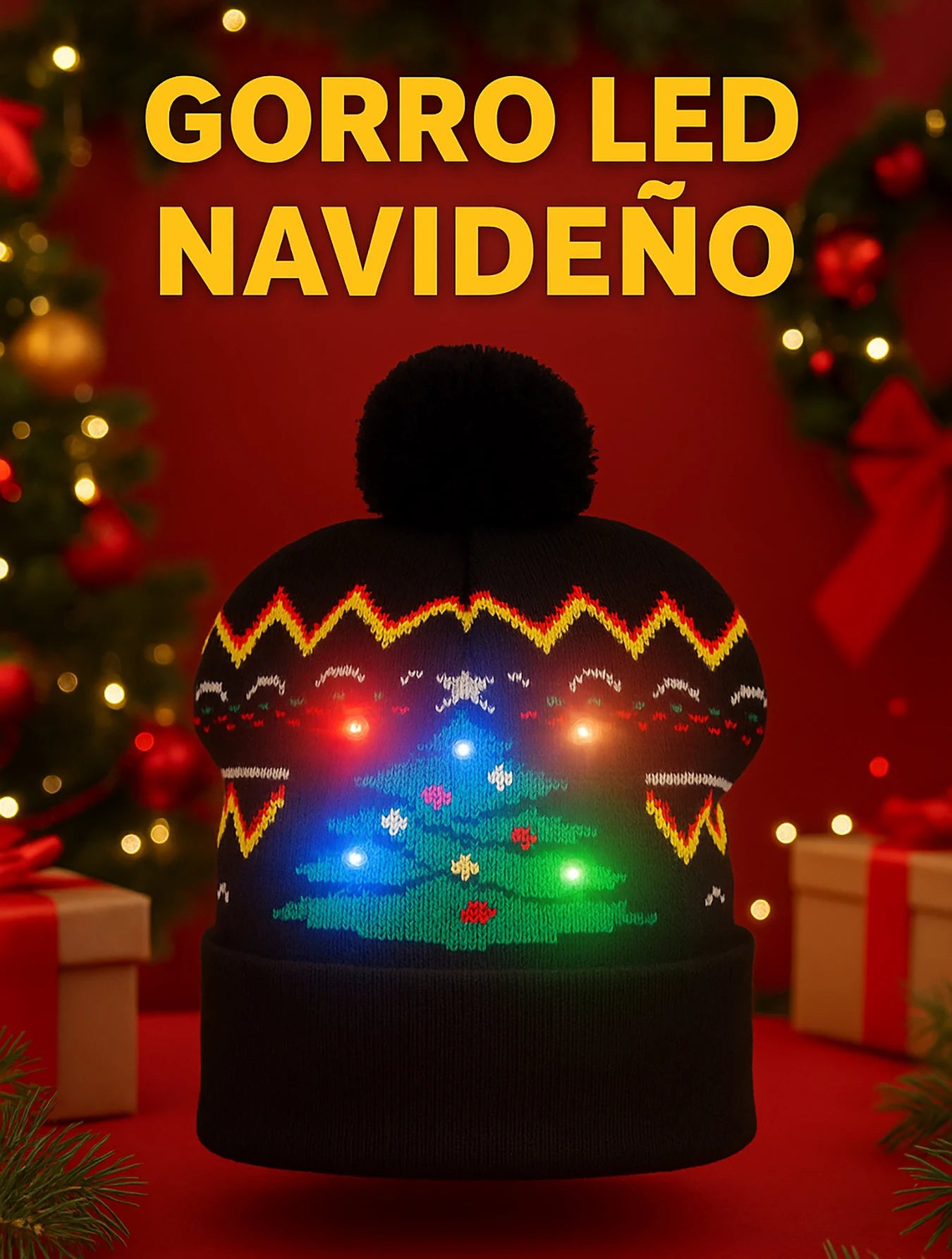 Gorro de Navidad tejido con luces LED,