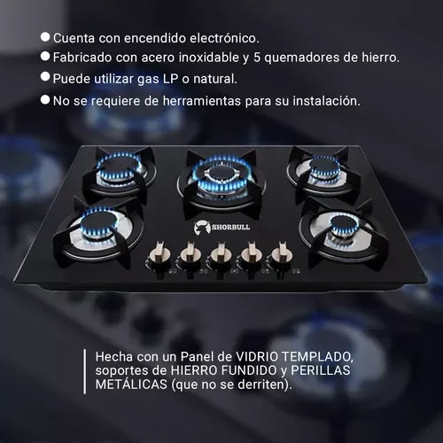 Estufa de Vidrio Templado de 5 Quemadores Shorbull