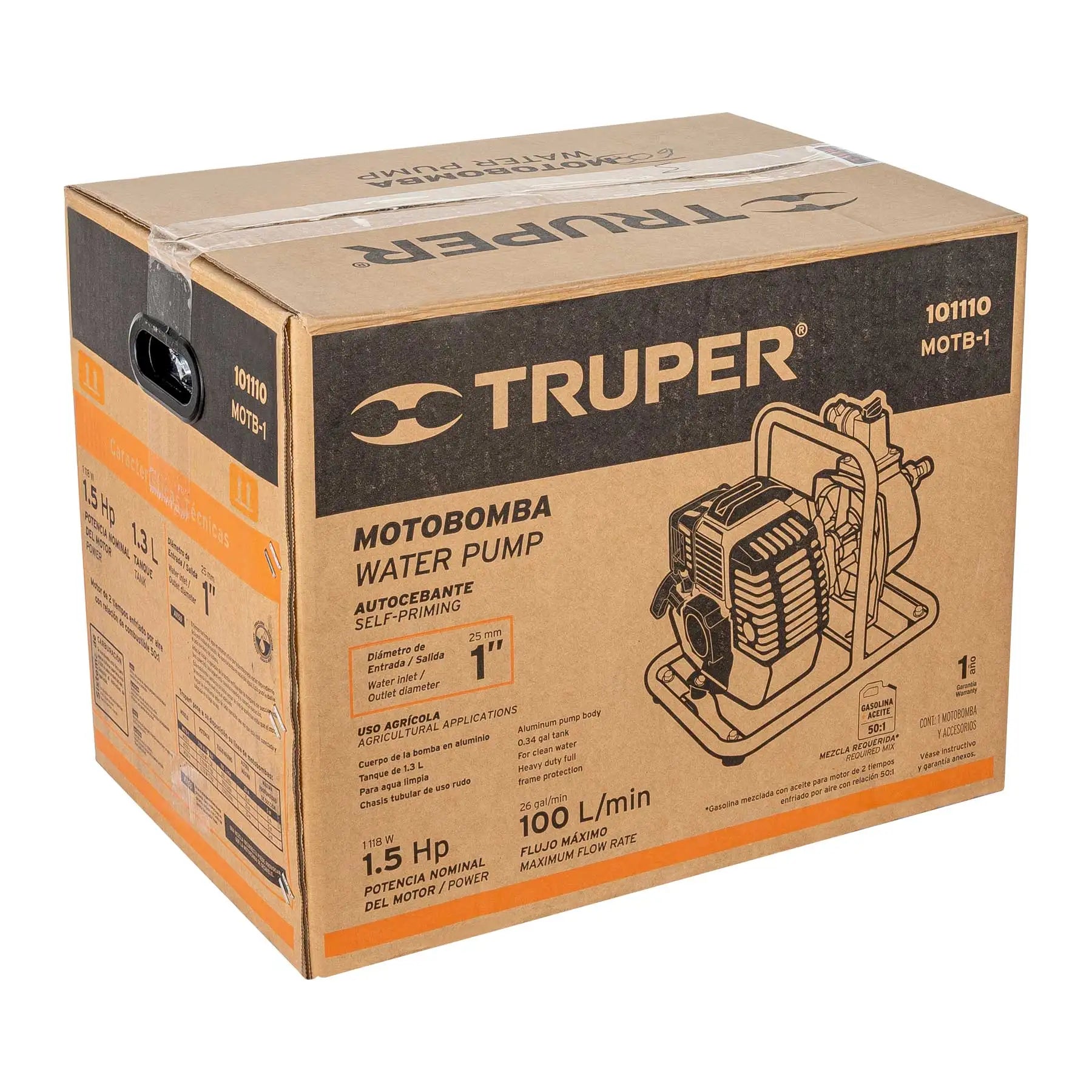 Bomba de Gasolina Autocebante Truper de 1' X 1', 1-1/2 HP, 2 Tiempos, para Equipos de Riego e Hidroponía