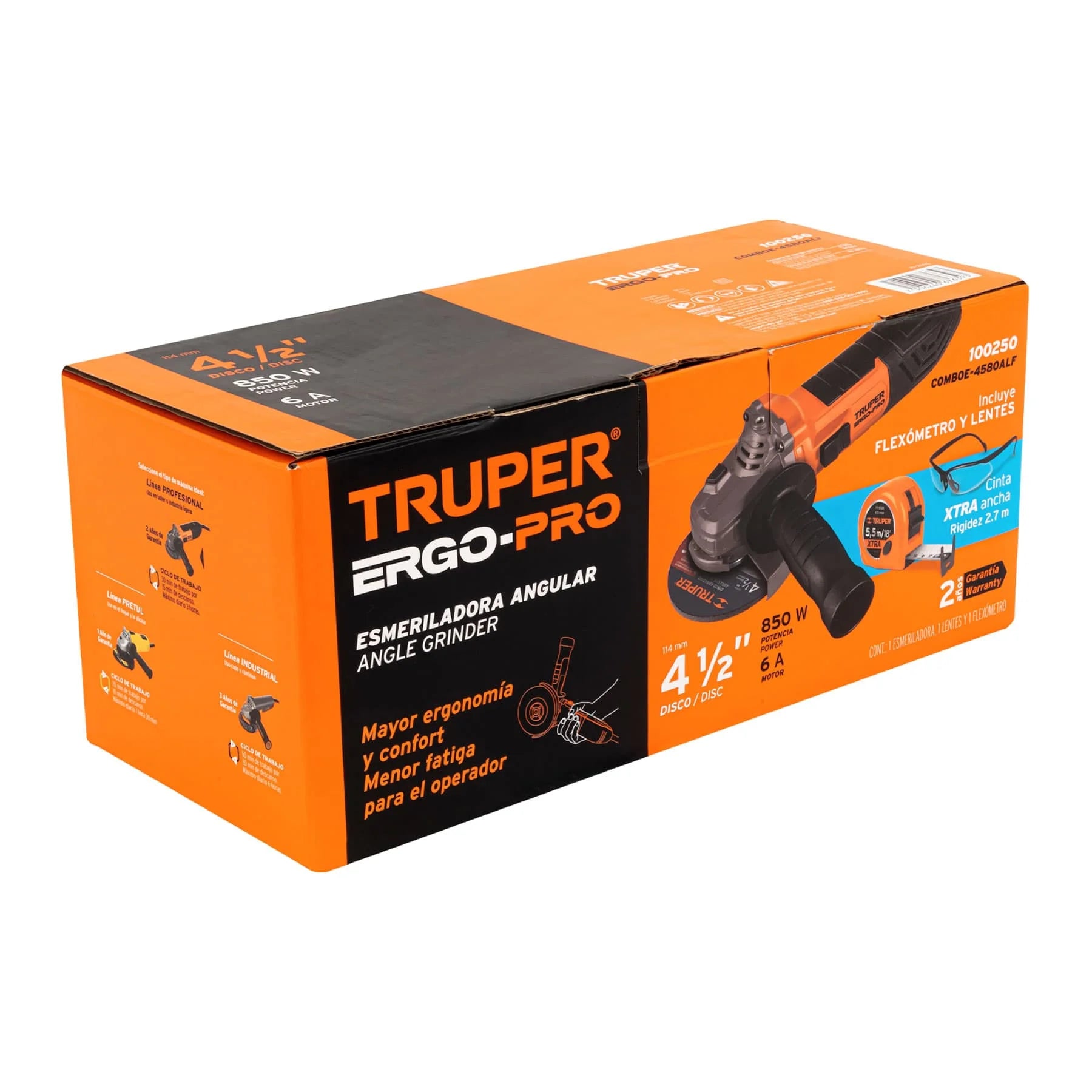 Amoladora Angular Truper COMBOE-4580ALF de 4-1/2' y 850 W con Gafas de Seguridad y Medidor de Flexibilidad para Uso con Herramientas Eléctricas