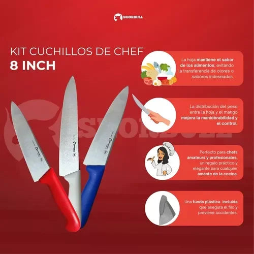Juego de Cuchillos de Chef Shorbull de 3 Piezas, 10 Pulgadas, Acero Inoxidable Profesional, 25 cm