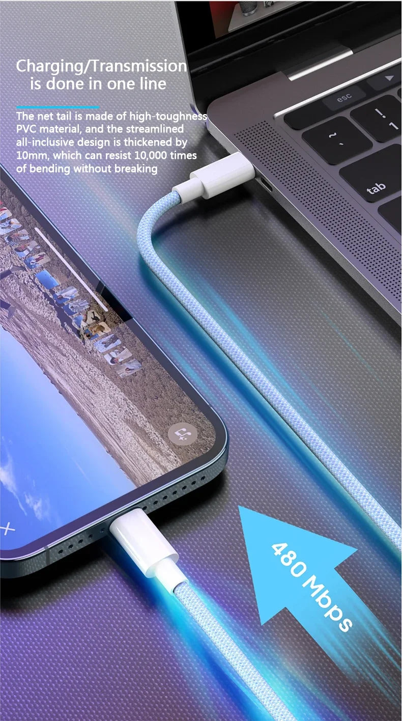 Cable de Carga PD 20W USB-C para iPhone 14 13 12 11 Pro Max iPad Carga Rápida 3A 2M Cable de Datos Lightning