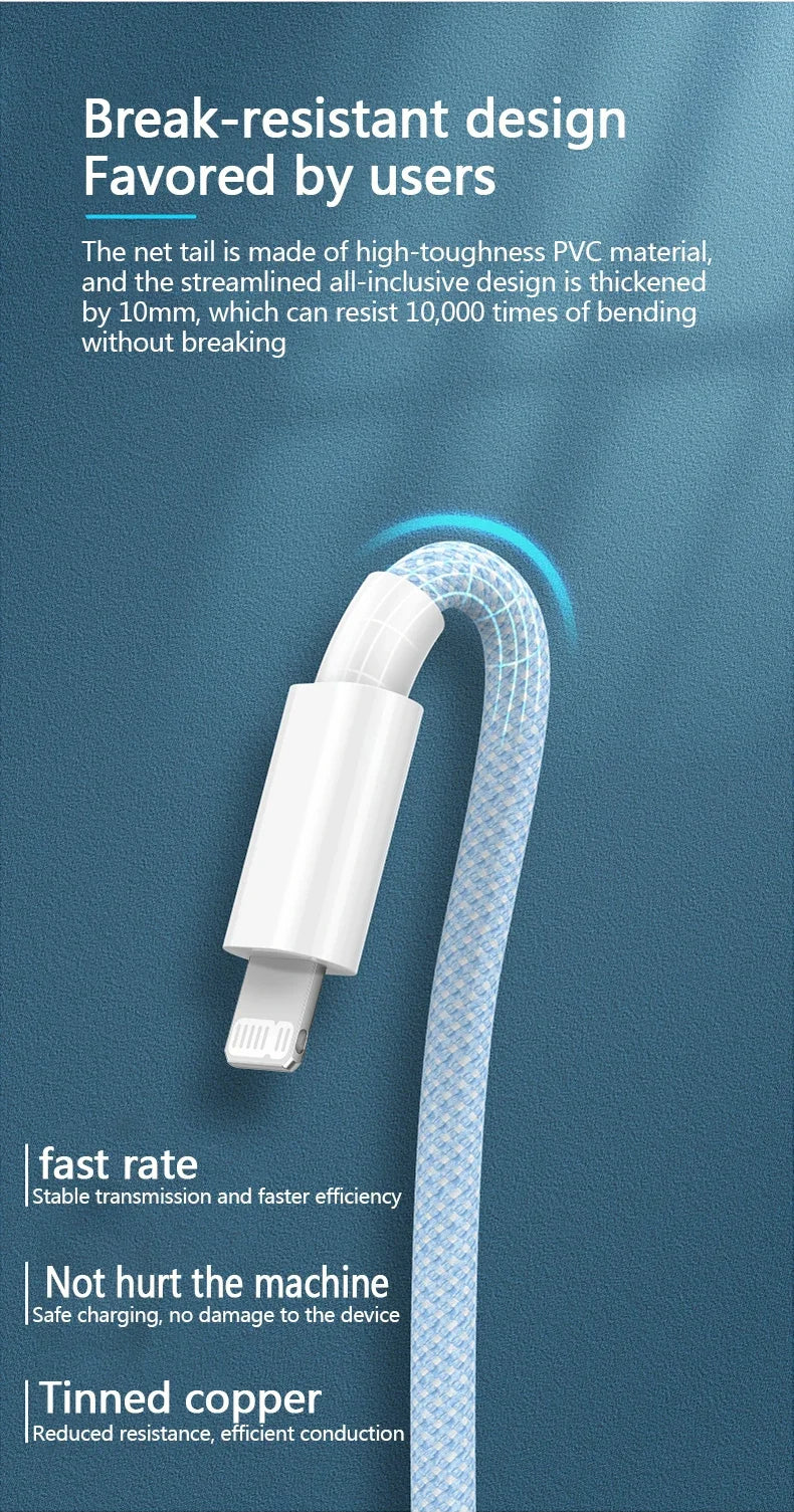 Cable de Carga PD 20W USB-C para iPhone 14 13 12 11 Pro Max iPad Carga Rápida 3A 2M Cable de Datos Lightning