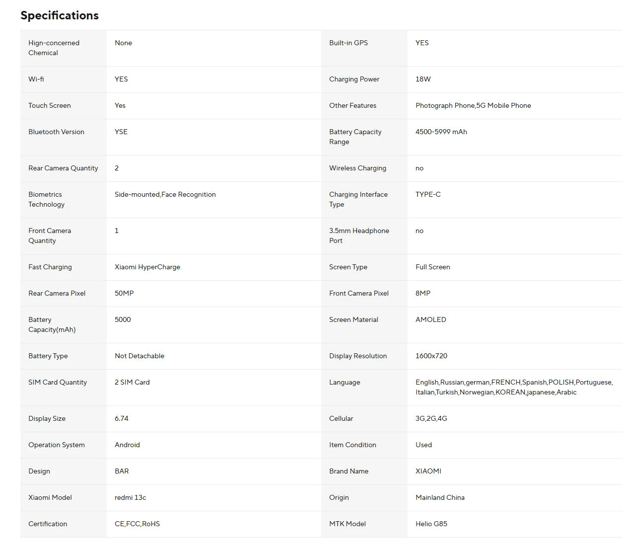 TELEFONO Redmi 13C 6GB 128GB 6,74