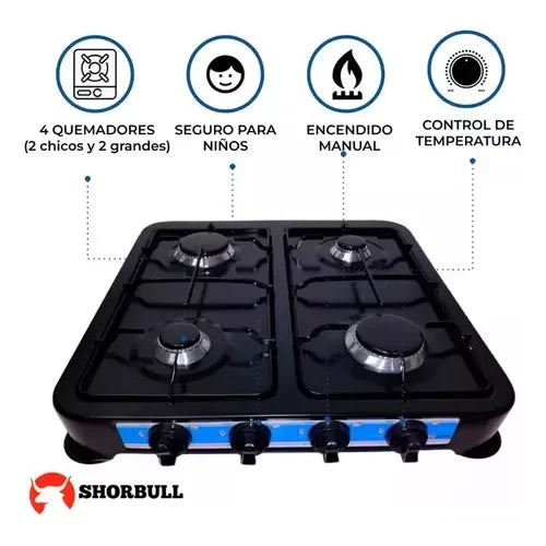 Shorbull - Parrilla de Gas de 4 Quemadores para Mesa, de Acero Negro