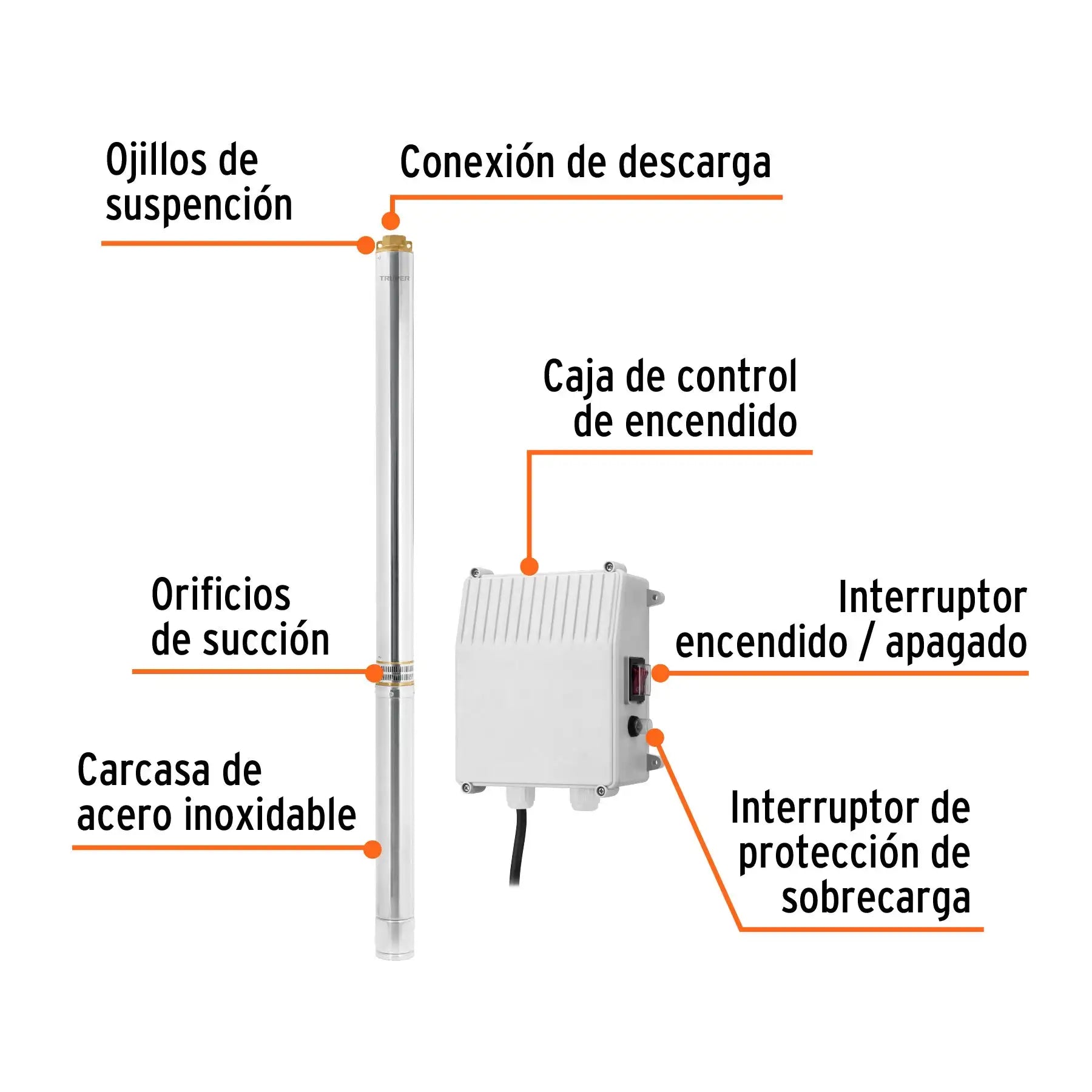 Bomba Sumergible Tipo Bala TRUPER 102979 BOS-5-1/2LM-2, 5-1/2HP, Agrícola, 220V, Equipo de Riego e Hidroponía