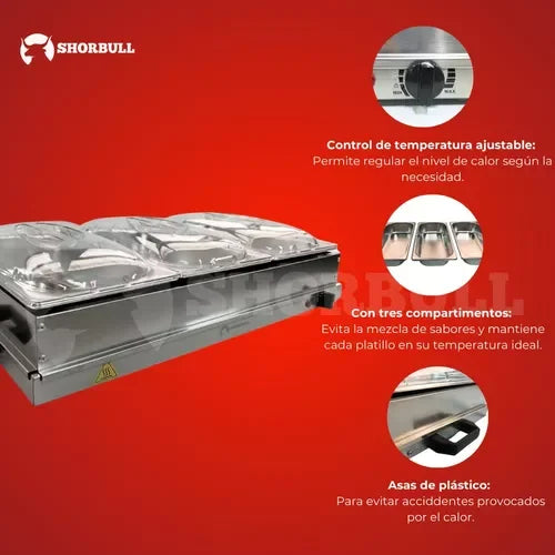 Calentador Eléctrico para Buffet Shorbull con 3 Insertos Multiusos