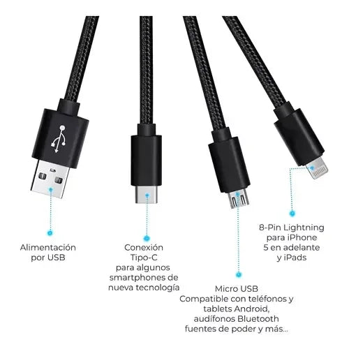 Cable de Carga para Celular Multimarca 3 en 1 Micro USB Tipo C