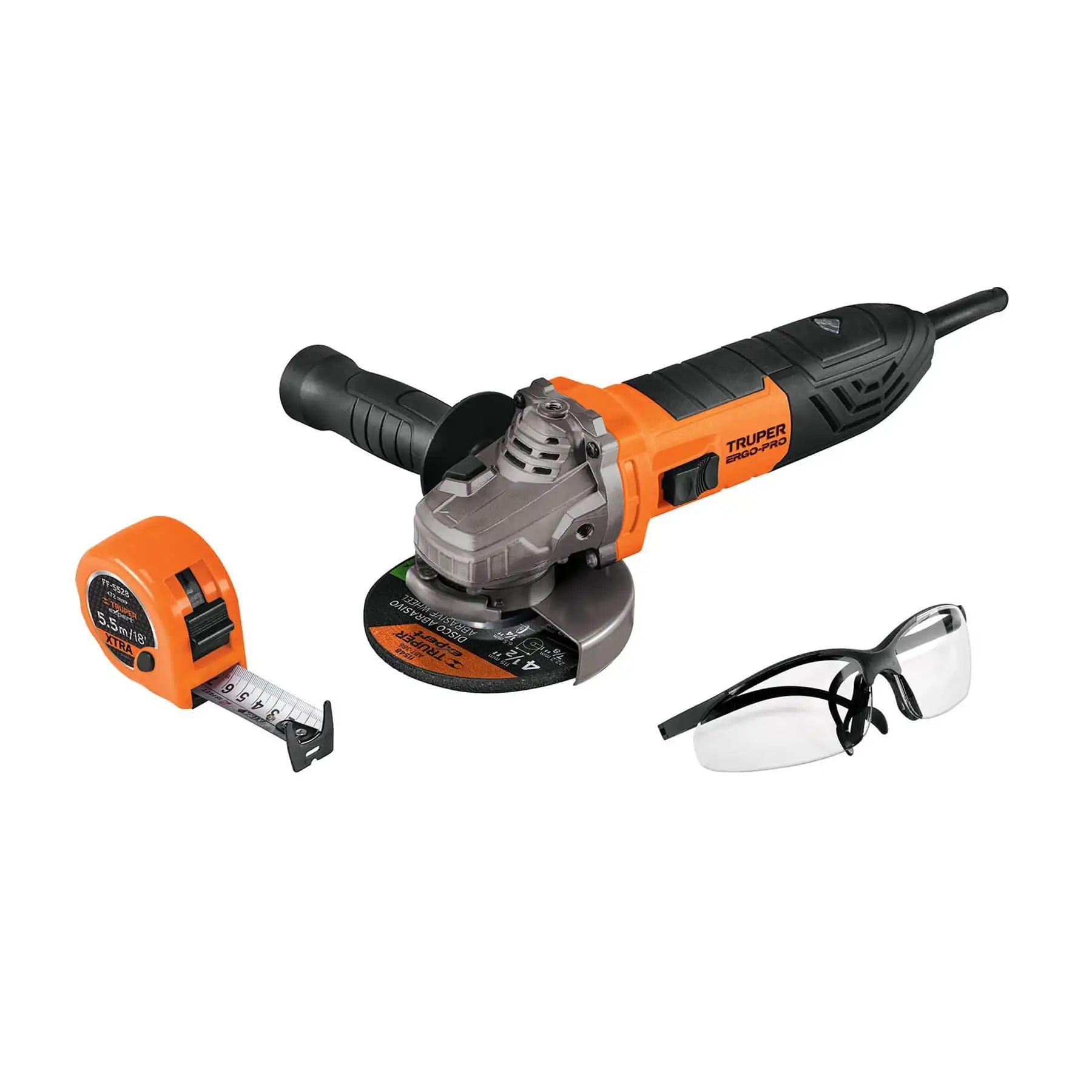 Amoladora Angular Truper COMBOE-4580ALF de 4-1/2' y 850 W con Gafas de Seguridad y Medidor de Flexibilidad para Uso con Herramientas Eléctricas