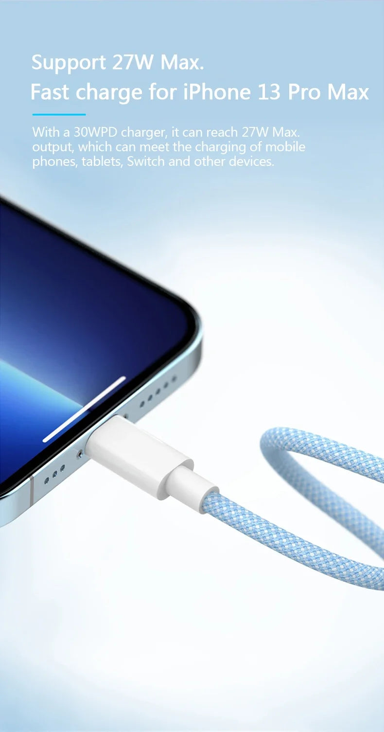 Cable de Carga PD 20W USB-C para iPhone 14 13 12 11 Pro Max iPad Carga Rápida 3A 2M Cable de Datos Lightning
