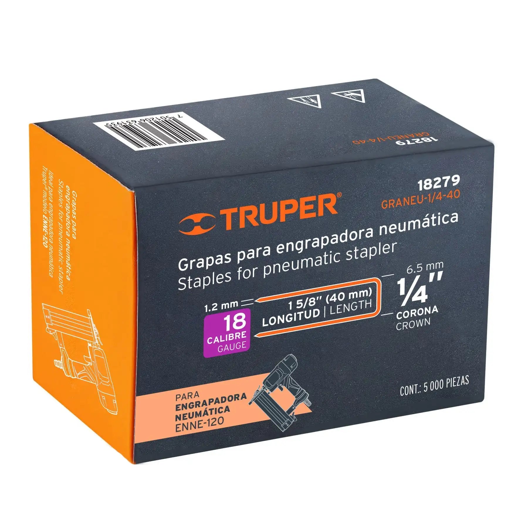 Engrapadora Neumática Truper GRANEU-1/4-40 con 5000 Grapas de Corona de 1/4' Calibre 18 de 40 mm para ENNE-120