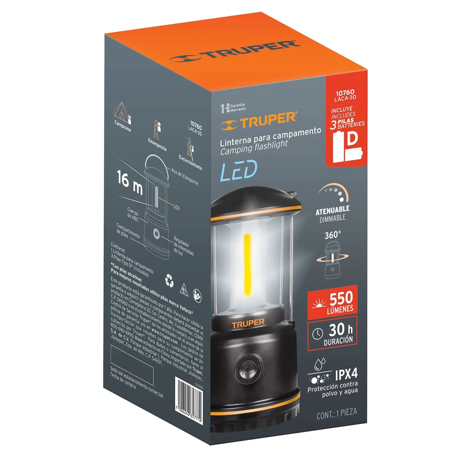 Truper-Linterna LED para acampar, portátil, brillante, con diseño de batería 3D, para escalada, senderismo, pesca, uso en coche, actividades al aire libre