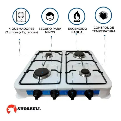 Parrilla de Mesa a Gas de 4 Quemadores Shorbull, Acero Blanco
