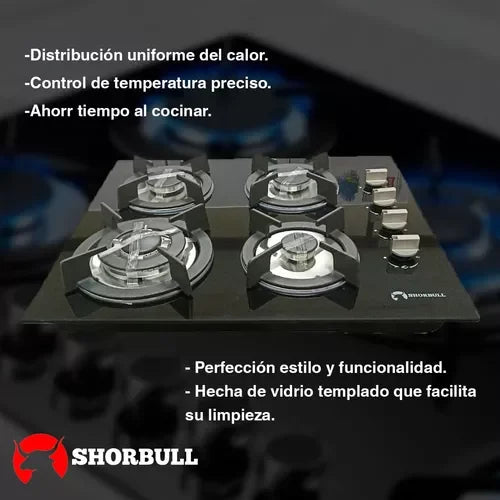 Estufa Shorbull de 4 Quemadores con Vidrio Templado