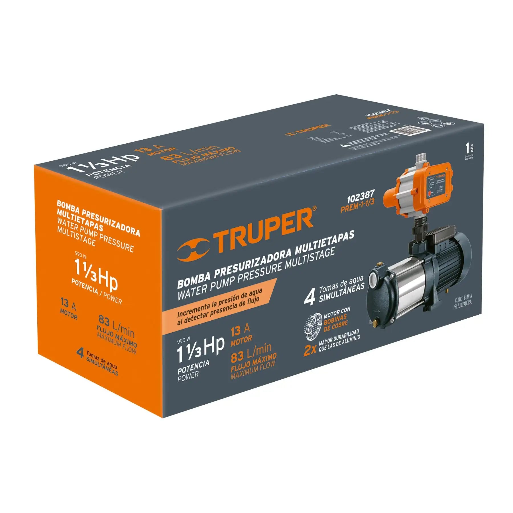 Bomba de Agua a Presión Truper PREM-1 de 1 1/3 HP,