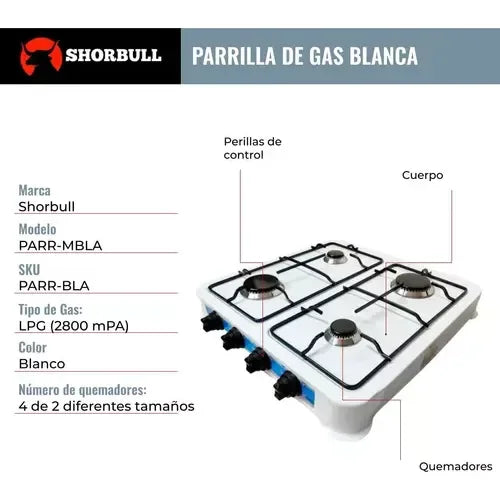 Parrilla de Mesa a Gas de 4 Quemadores Shorbull, Acero Blanco
