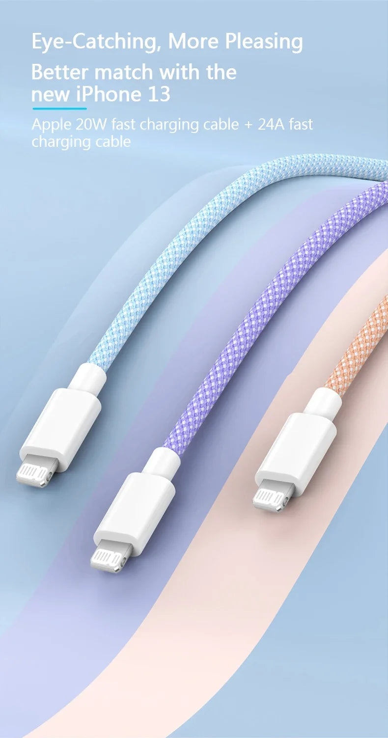 Cable de Carga PD 20W USB-C para iPhone 14 13 12 11 Pro Max iPad Carga Rápida 3A 2M Cable de Datos Lightning