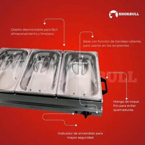 Calentador Eléctrico para Buffet Shorbull con 3 Insertos Multiusos