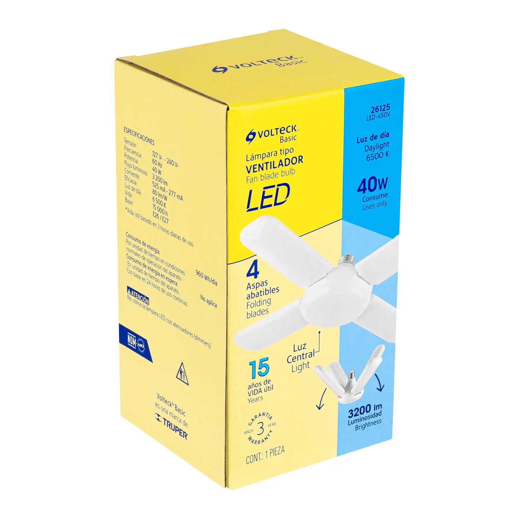 Volteck-Lámpara LED moderna estilo ventilador de 40W, 4 aspas ajustables,