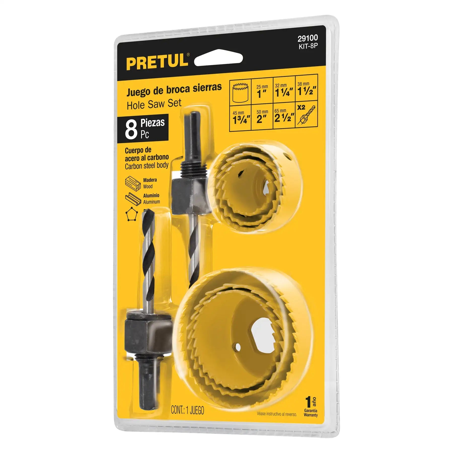 Juego de 7 Brocas de Acero al Carbono y 1 Mandril para Sierras Perforadoras Pretul KIT-8P