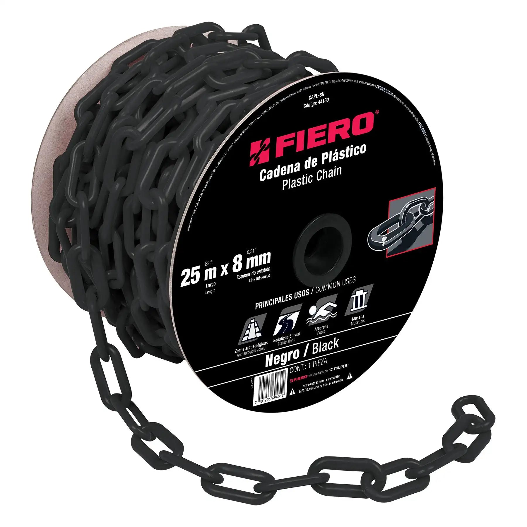 Cadena de plástico blanco de 8mm, carrete de 25m para aplicaciones de varillas de plástico