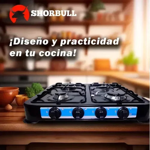 Shorbull - Parrilla de Gas de 4 Quemadores para Mesa, de Acero Negro