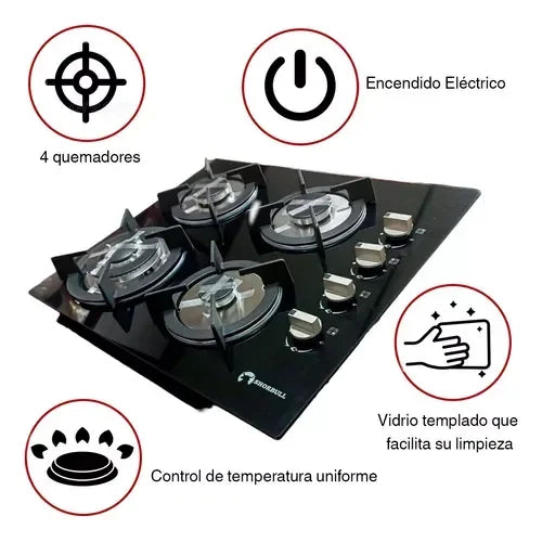 Estufa Shorbull de 4 Quemadores con Vidrio Templado