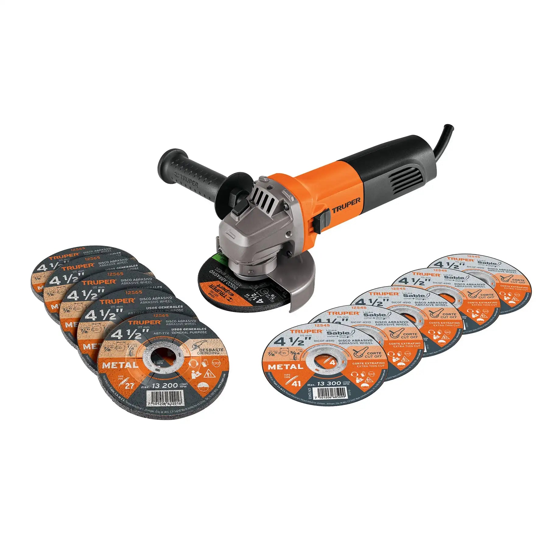Amoladora Angular Inalámbrica de 4-1/2' y 800 W con 5 Discos de Corte y 6 Discos de Pulir