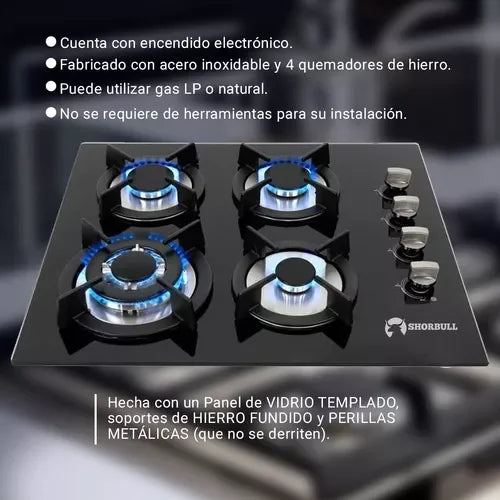 Estufa Shorbull de 4 Quemadores con Vidrio Templado