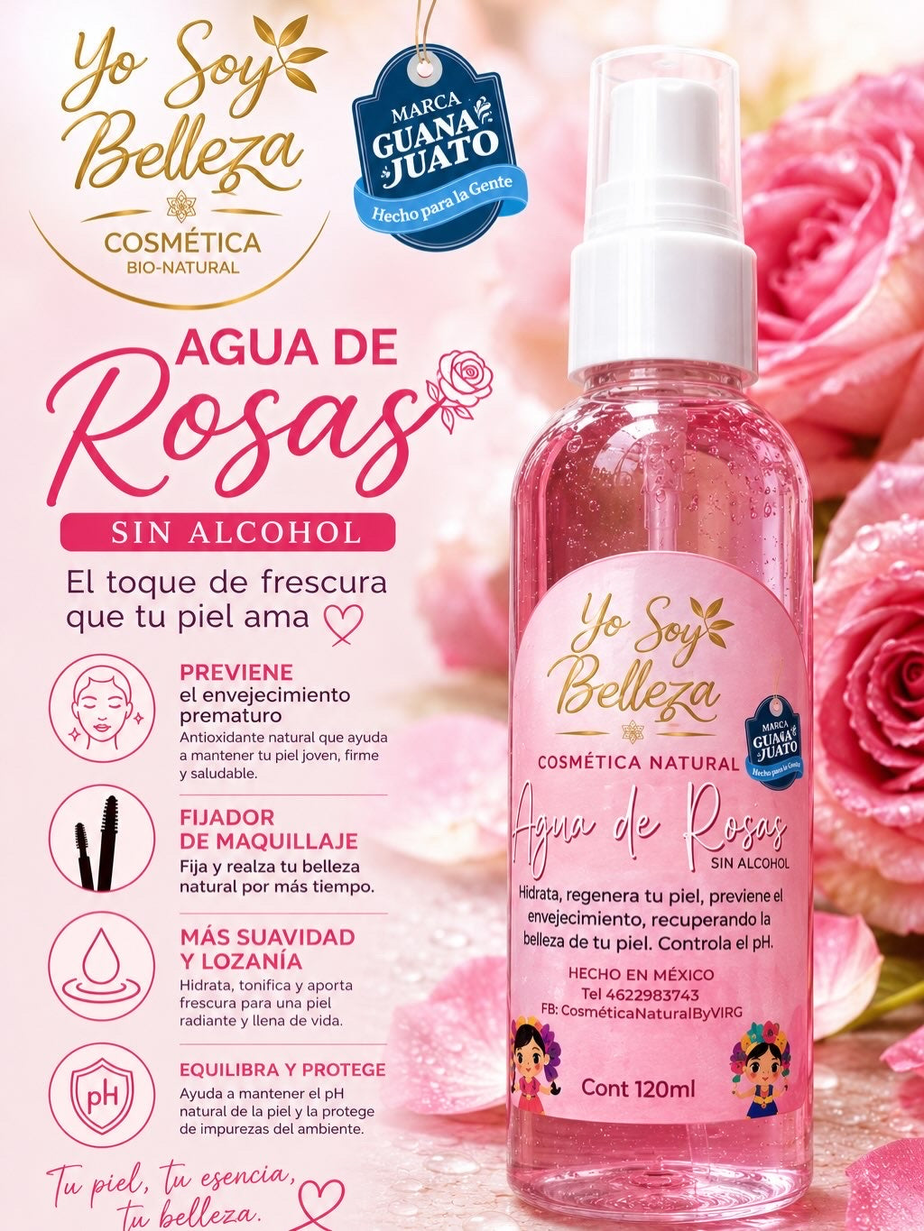 Agua de rosas sin alcohol ni astringente