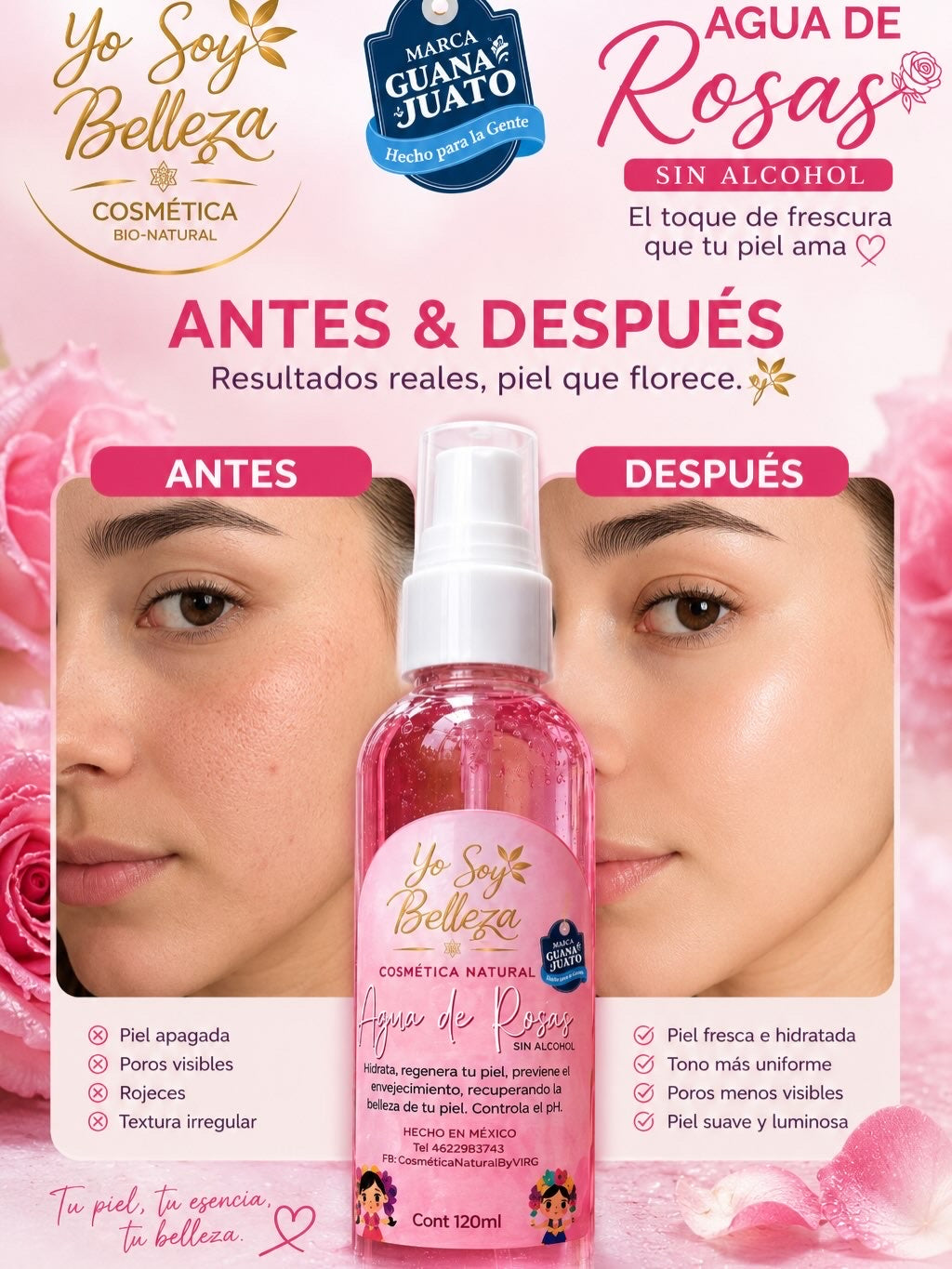 Agua de rosas sin alcohol ni astringente