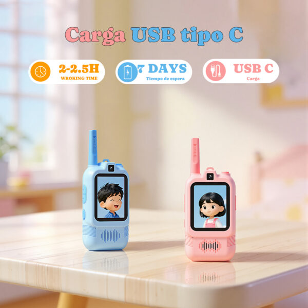 Par De Walkie Talkies Para Niños Recargables Con Videollamada Y Doble Cámara