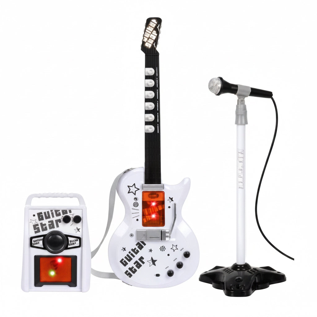 Guitarra de rock eléctrica para niños con cuerdas de acero, amplificador, soporte ajustable y micrófono