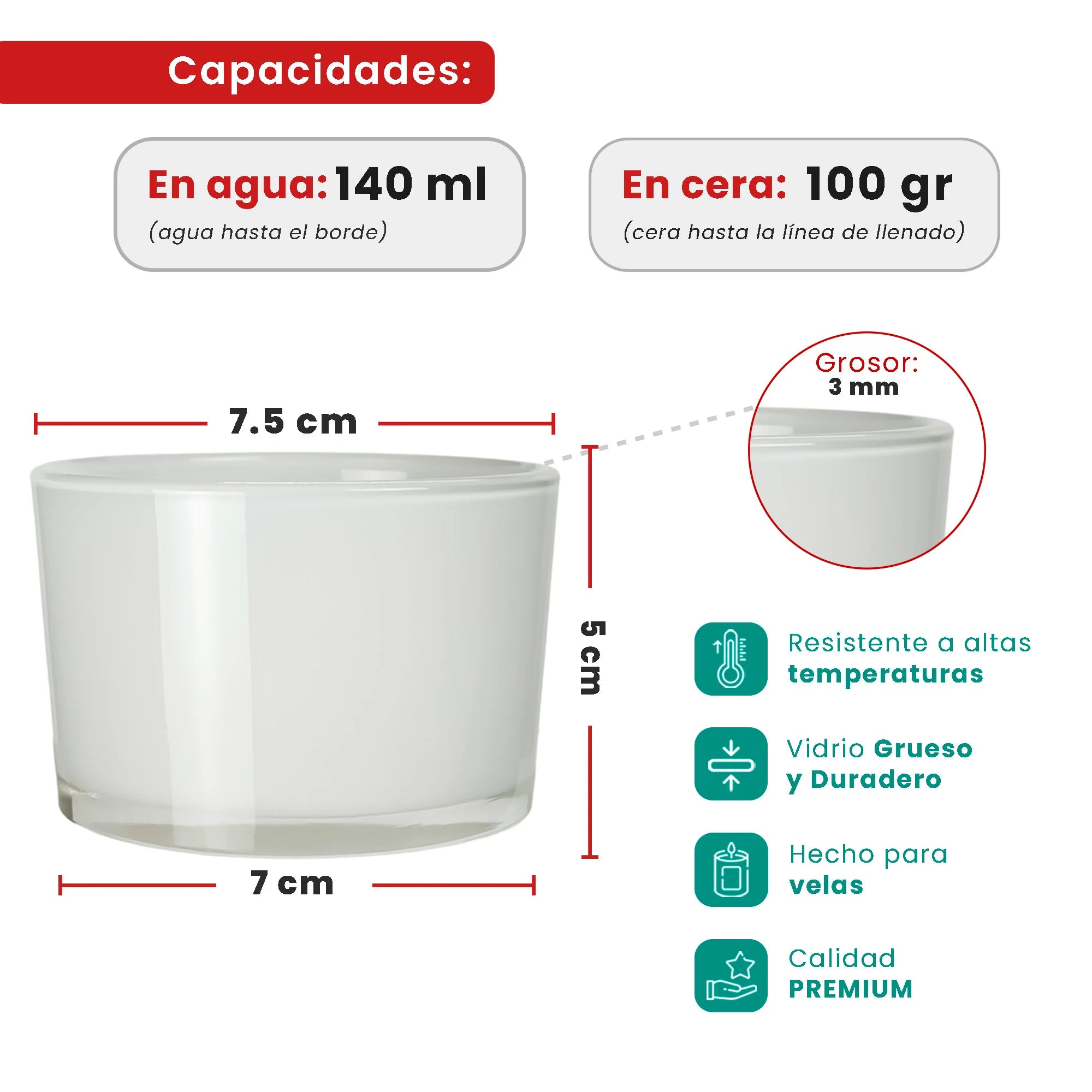 140ml - Mónaco Vaso de vidrio para velas - Frasco Blanco Brillante