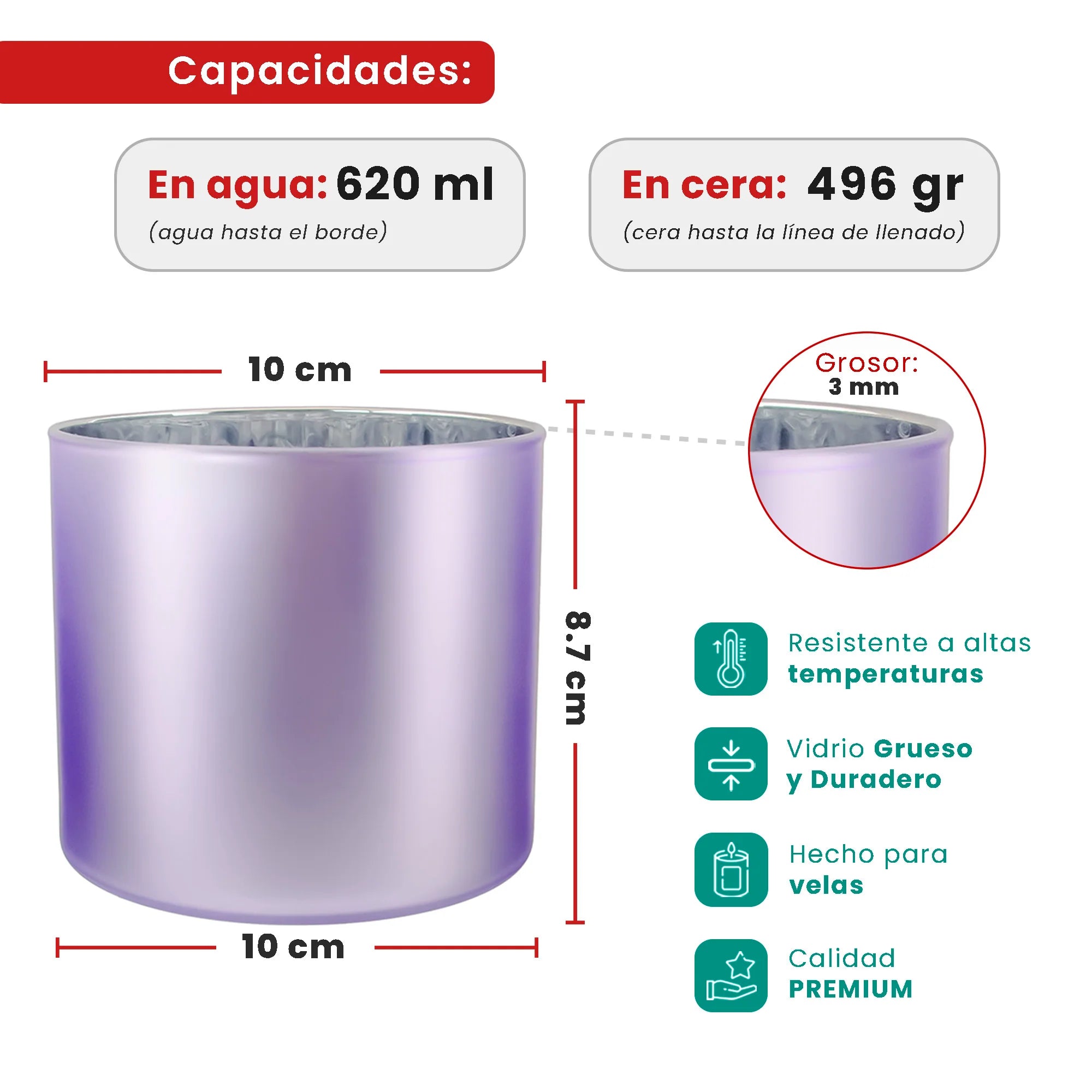 620ml - Mónaco Vaso de vidrio para velas - Inspirado en Bath Body Works® / White Barn® - Frasco Morado Claro Mate / Metállico