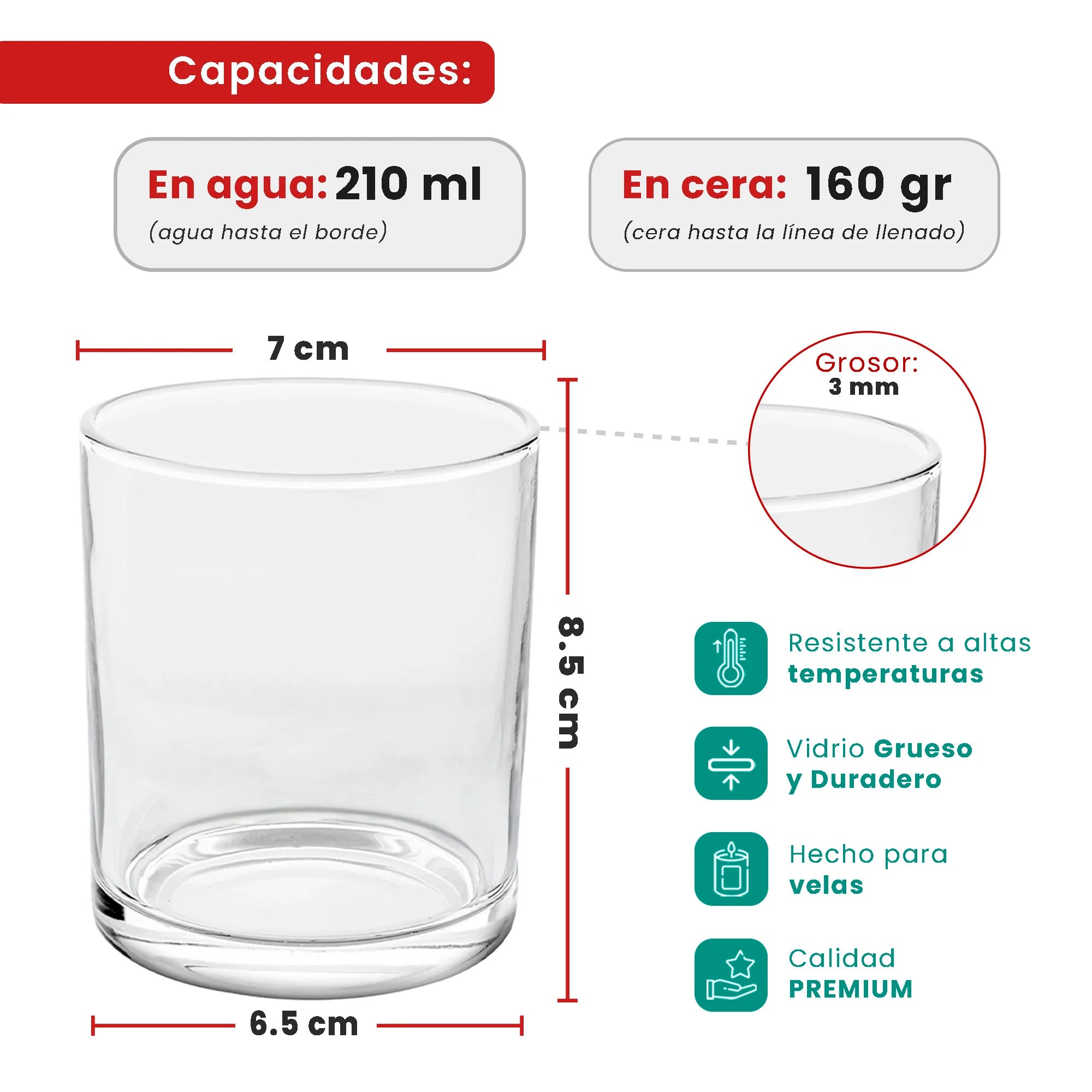 210ml - Mónaco Vaso de vidrio para velas - Frasco Transparente