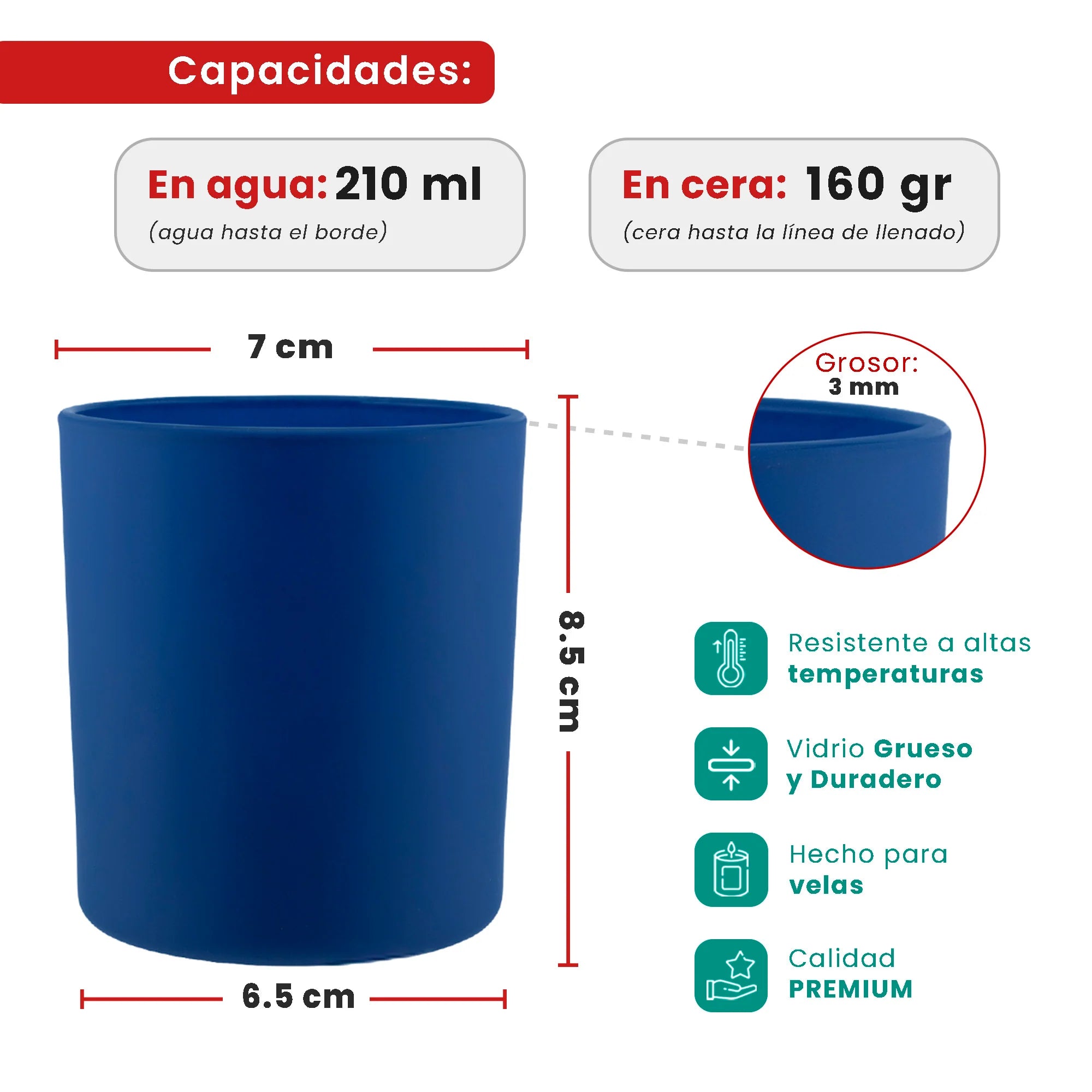 210ml - Mónaco Vaso de vidrio para velas - Frasco Azul Cobalto / Azul Rey - Mate