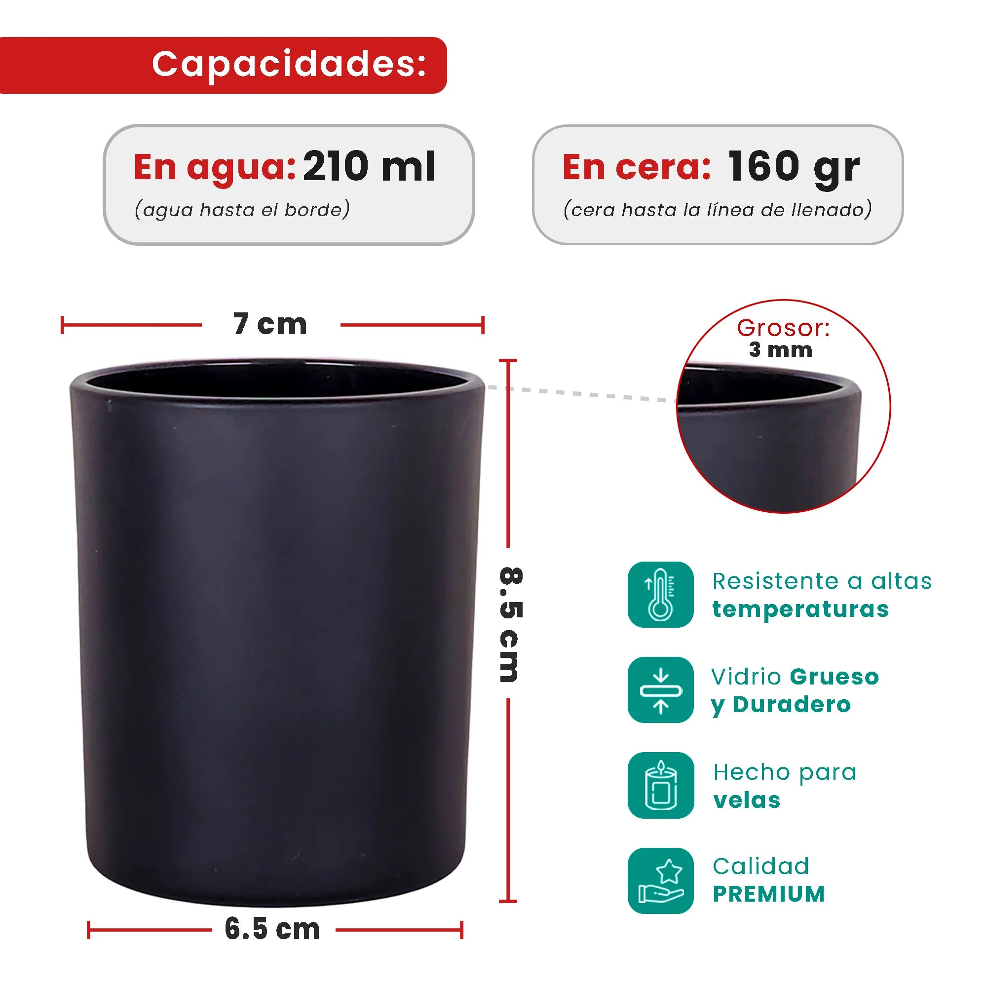 210ml - Mónaco Vaso de vidrio para velas - Frasco Negro Mate