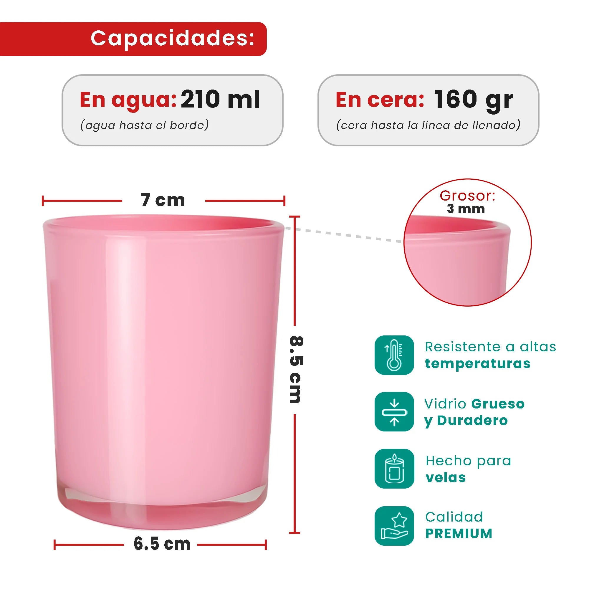 210ml - Mónaco Vaso de Vidrio para Velas - Frasco Rosa Claro Brillante