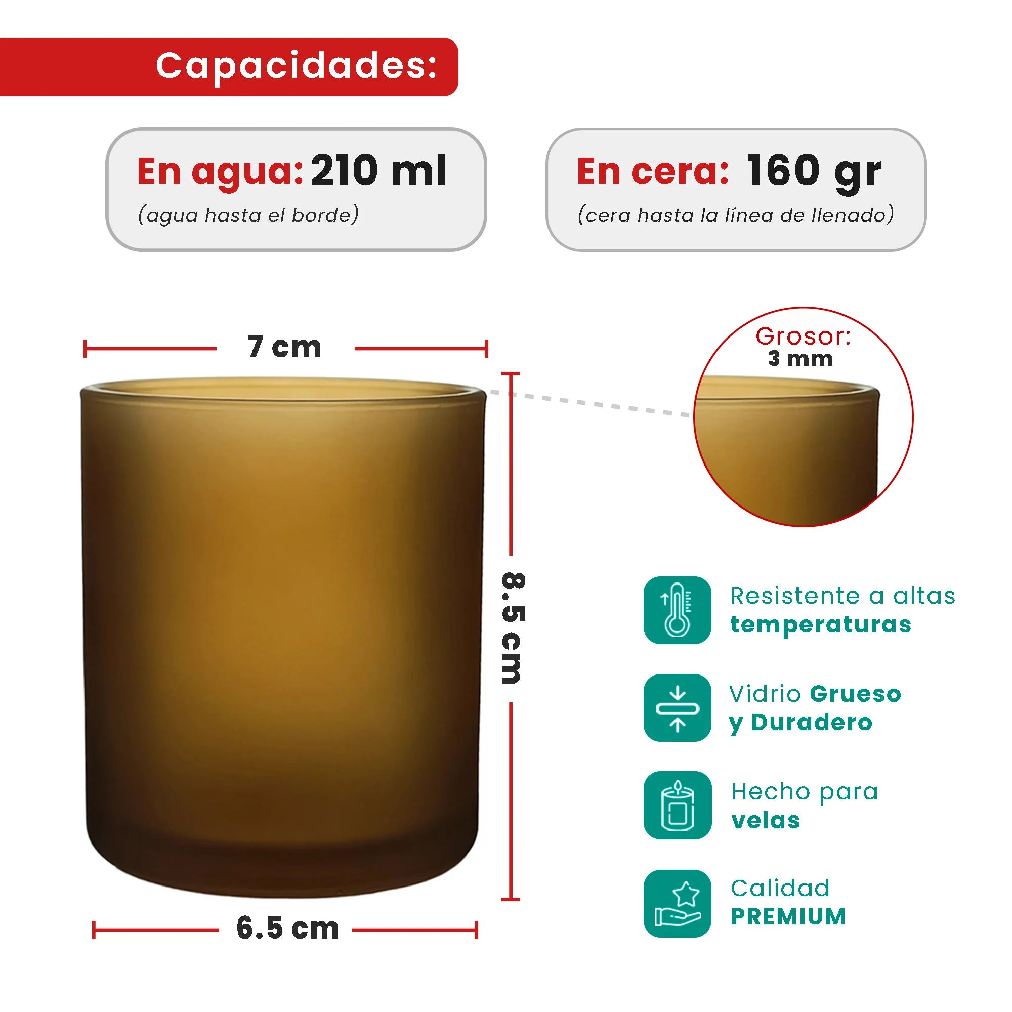 210ml - Mónaco Vaso de vidrio para velas - Frasco Ámbar Satinado